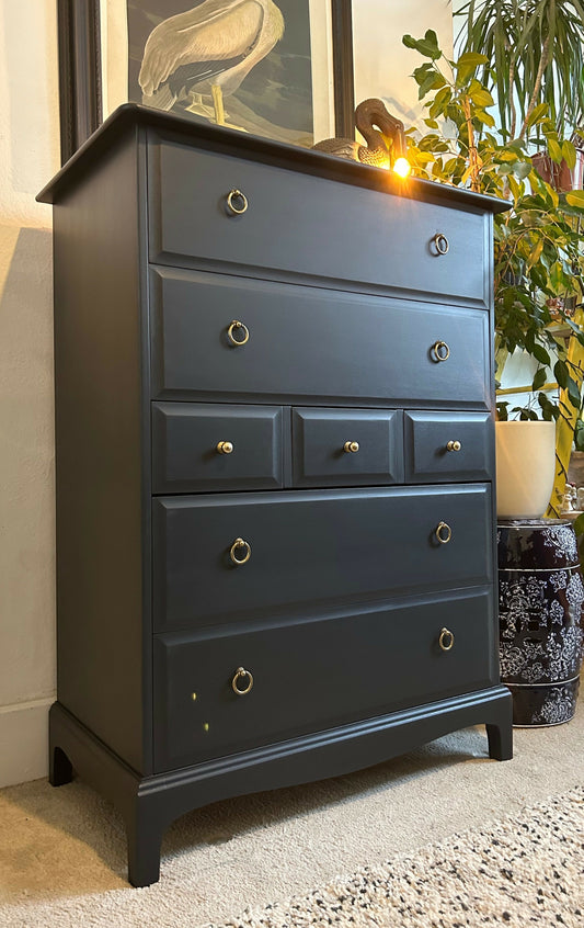 Newly refurbished stag chest of drawers dark blue dresser