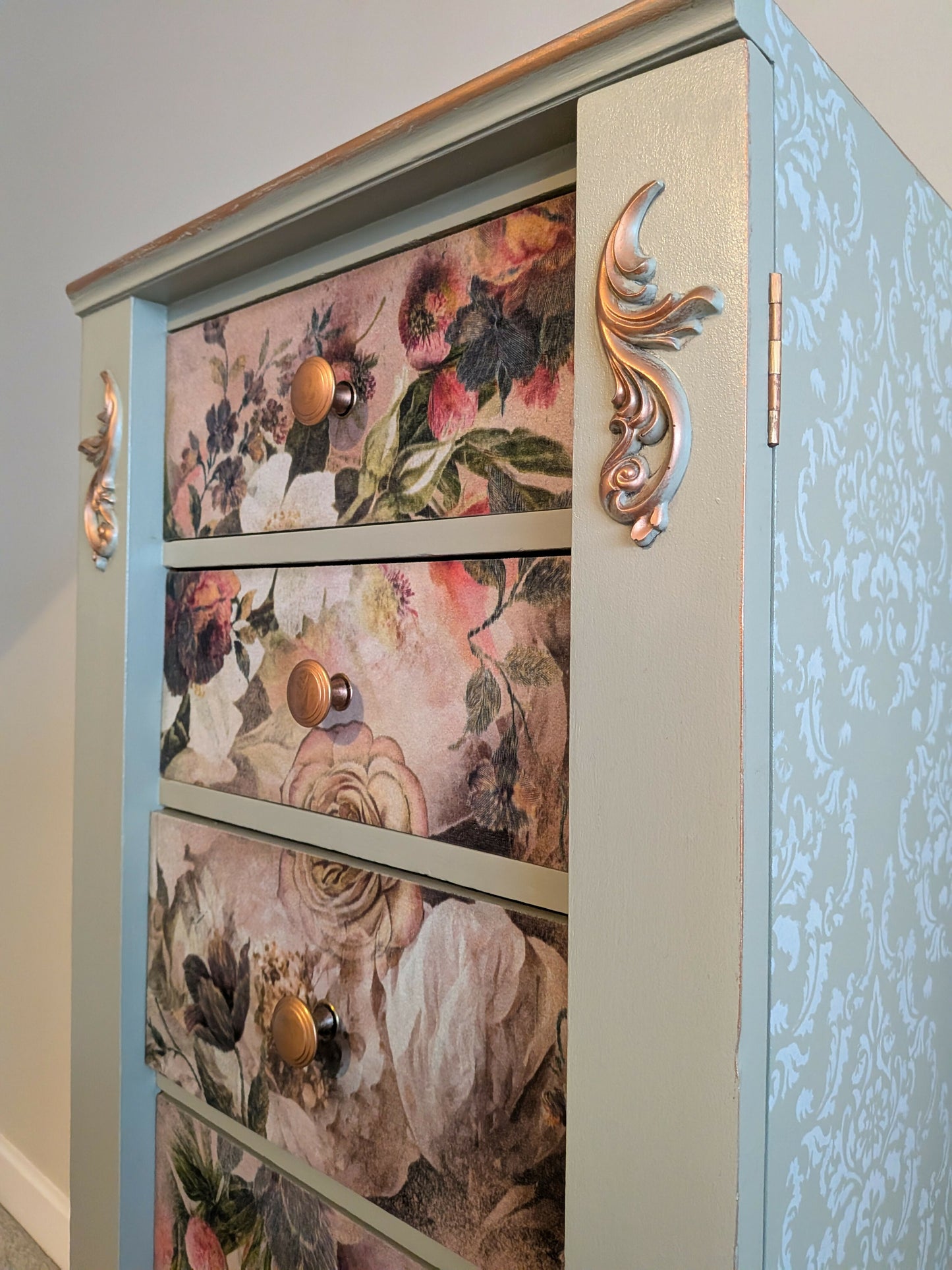 Vintage upcycled tallboy chest of drawers pale green with floral decoupage