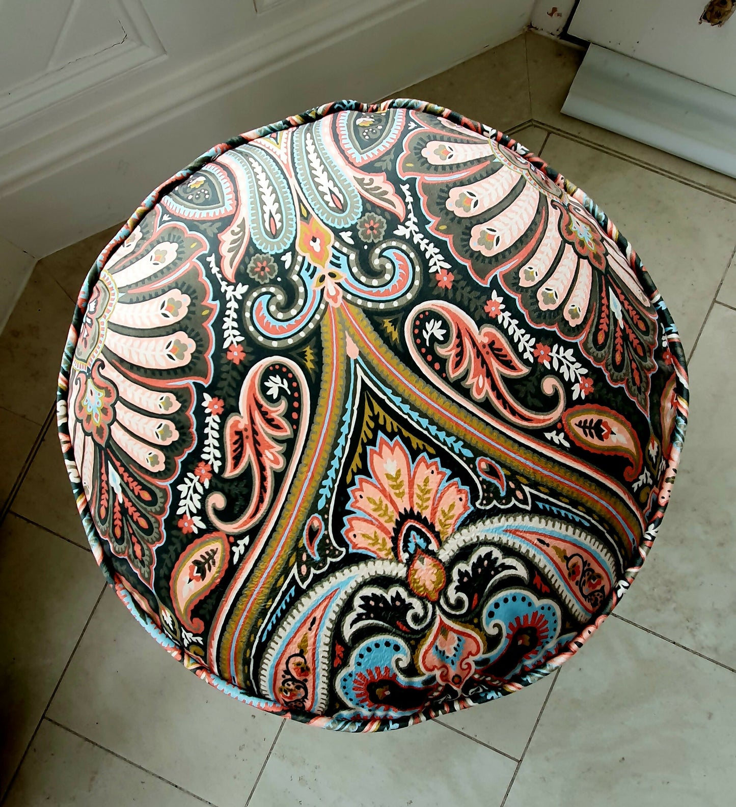 Footstool Circular Drum Style Newly Reuphstered in 'Antigua' Velvet.