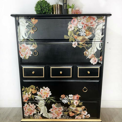 Stag Tallboy Chest of Drawers in Black and Gold Chinoiserie