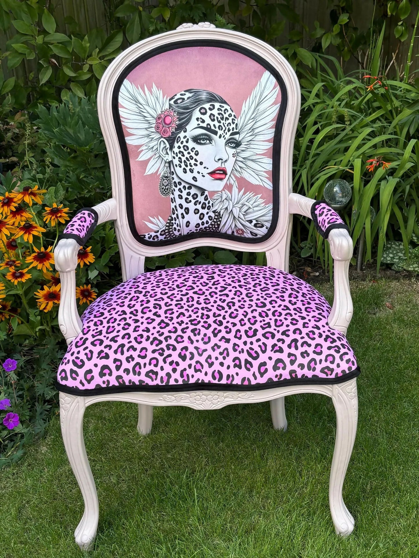 Bespoke Bold Upholstered Statement Chair – Pink Leopard Print & Designer Art Backrest
