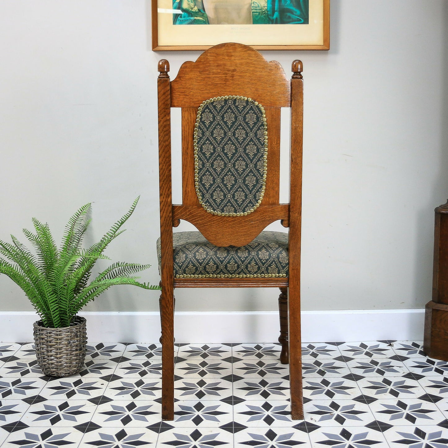 Victorian Side or Hall Chair Carved Back in Solid Oak with Green and Gold Fabric