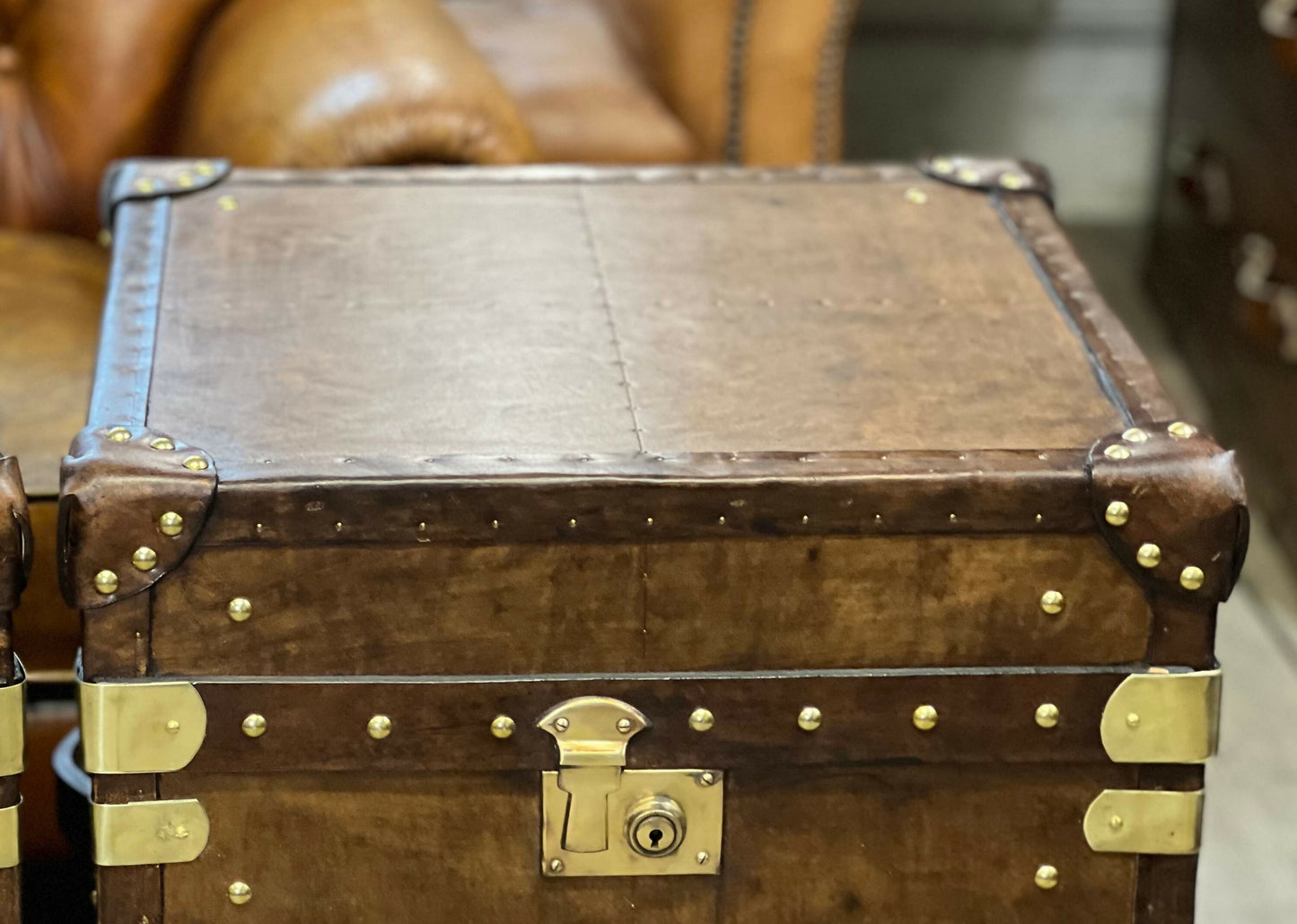 Handmade vintage storage trunks - luxury custom made - brown leather accent tables