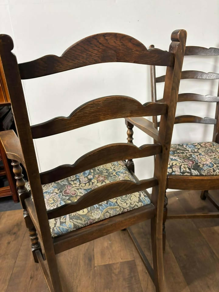 Vintage Set of Six Oak Ladder Back Dining Chairs – Including Two Carvers