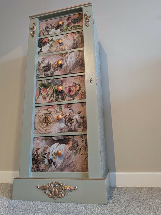Vintage upcycled tallboy chest of drawers pale green with floral decoupage