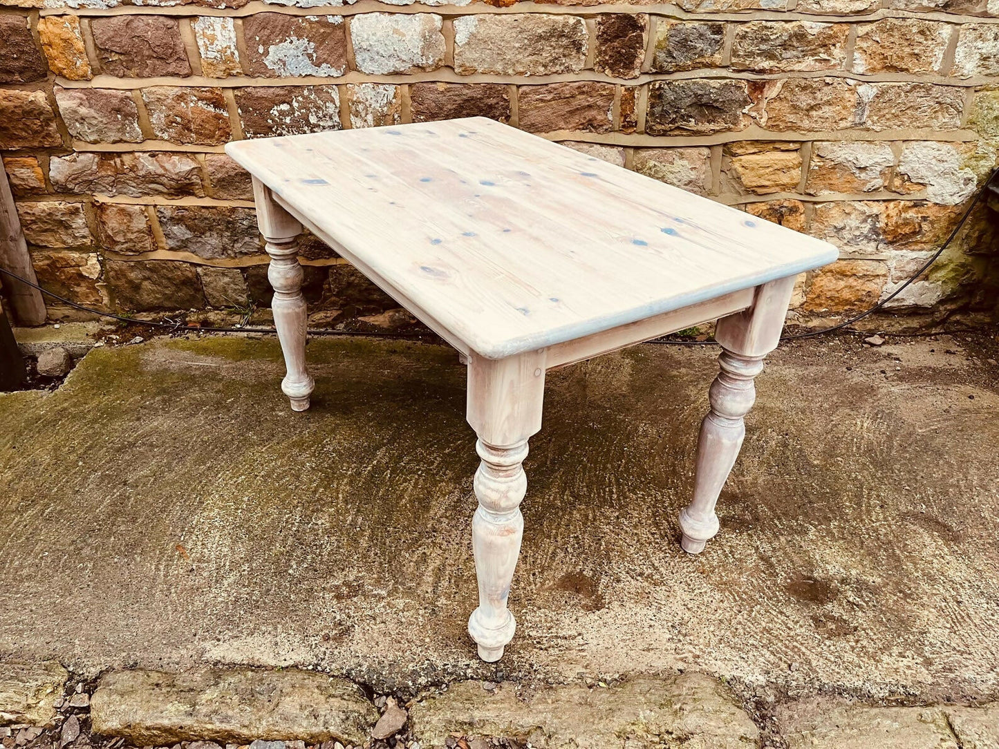 Stripped Pine Farmhouse Dining Table | Solid Wood Country Kitchen Table | Turned Legs Rustic Cottage Table