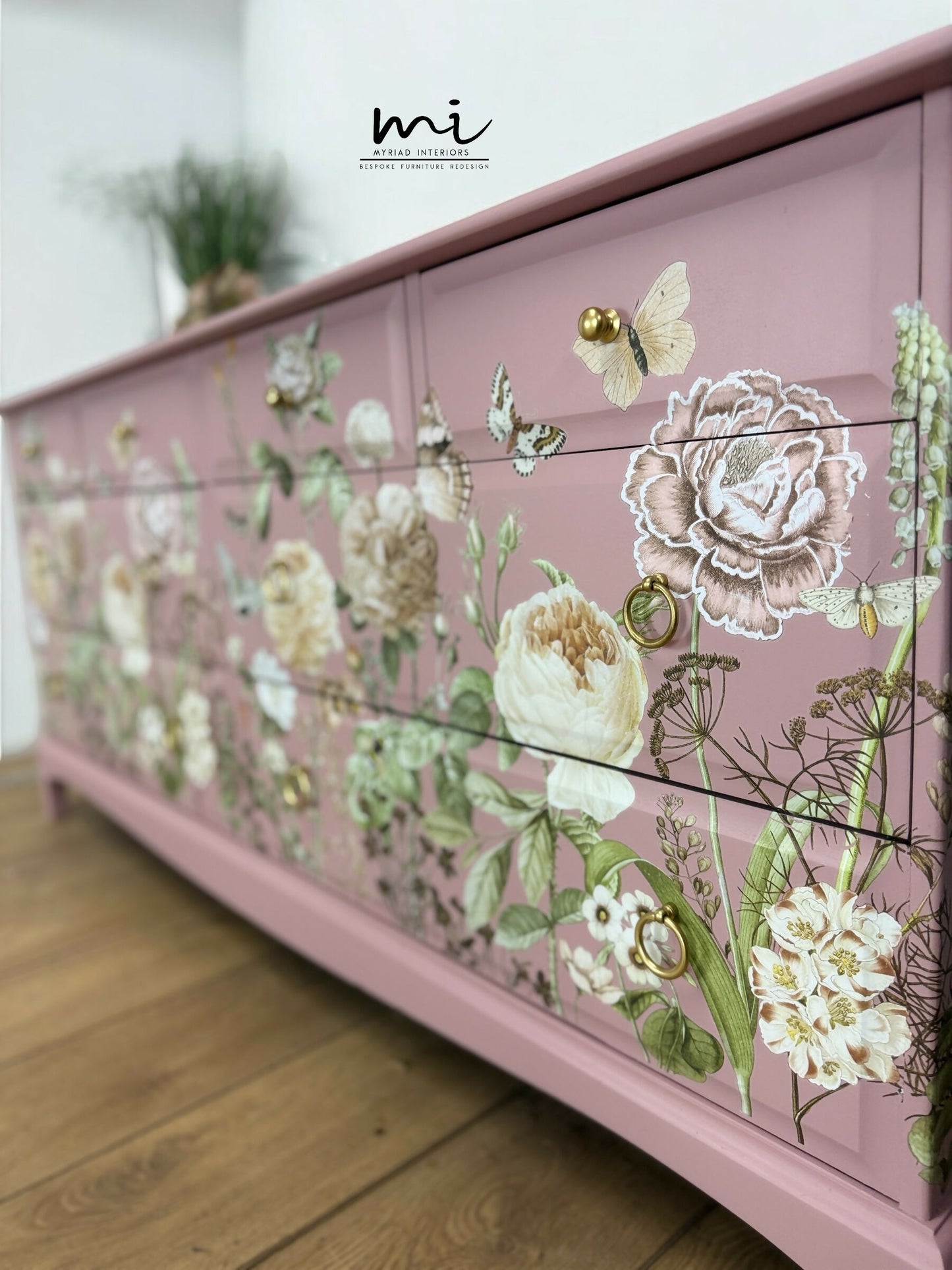Refinished Stag Minstrel Captains Chest Of Drawers In Dusky Pink With Floral Design, large drawers, sideboard