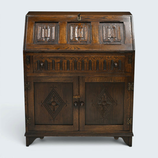 Vintage Oak Writing Bureau With Fitted Interior Micro Office FREE UK Delivery
