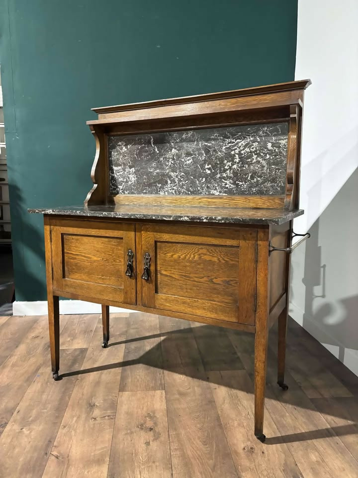 Antique Framed Oak Washstand with Marble Top & Back2