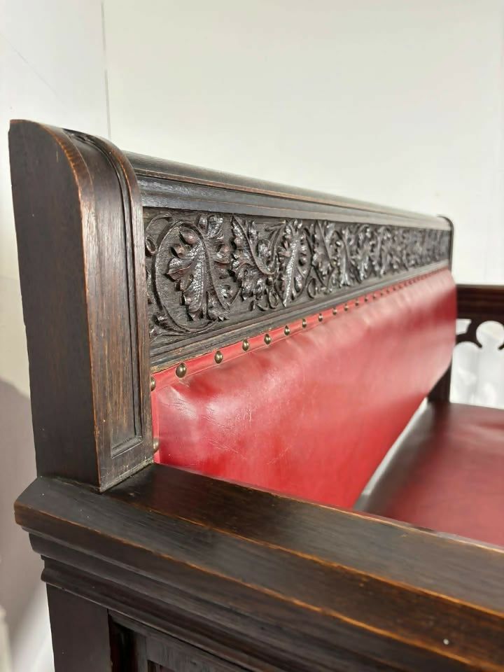 Victorian Carved Oak Gothic Revival Bench Settle