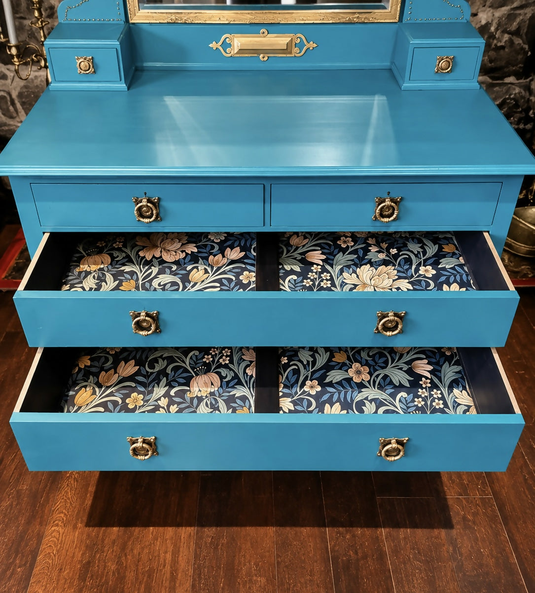 Statement Teal Vintage Dressing Table with Mirror & Mother of Pearl Detail