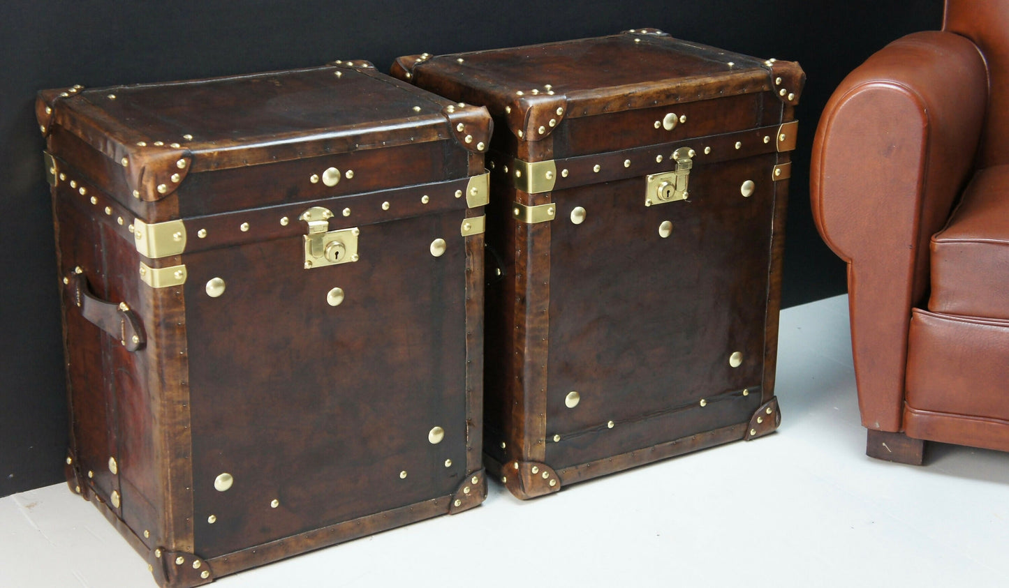 Antique Leather End Table Trunks