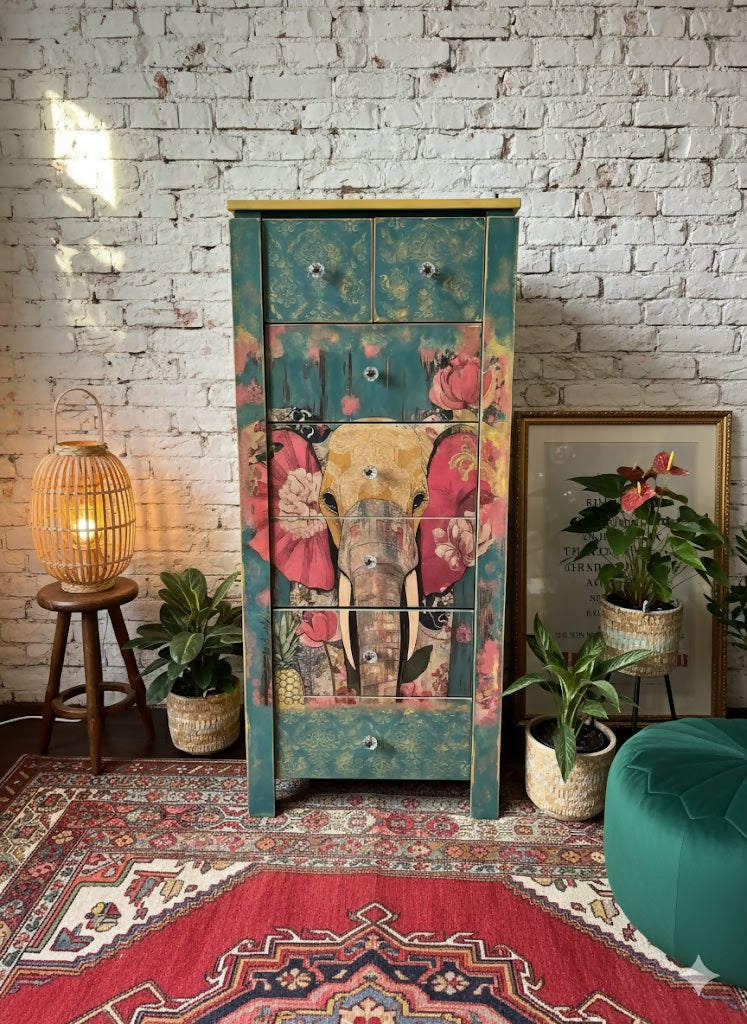 Hand painted bright and whimsical tall chest of drawers