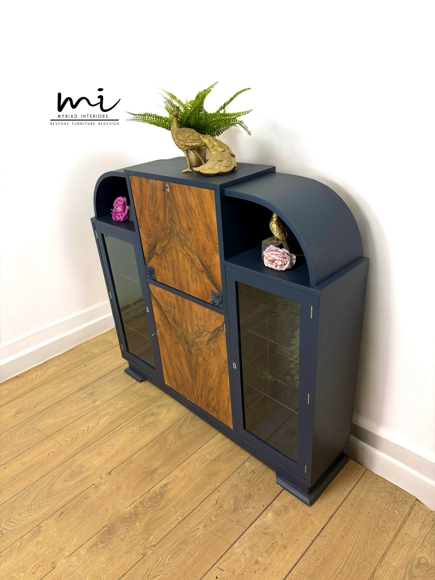 Art Deco refinished walnut cocktail cabinet, navy blue, champagne gold, vintage drinks cabinet, glass display cabinet, sideboard