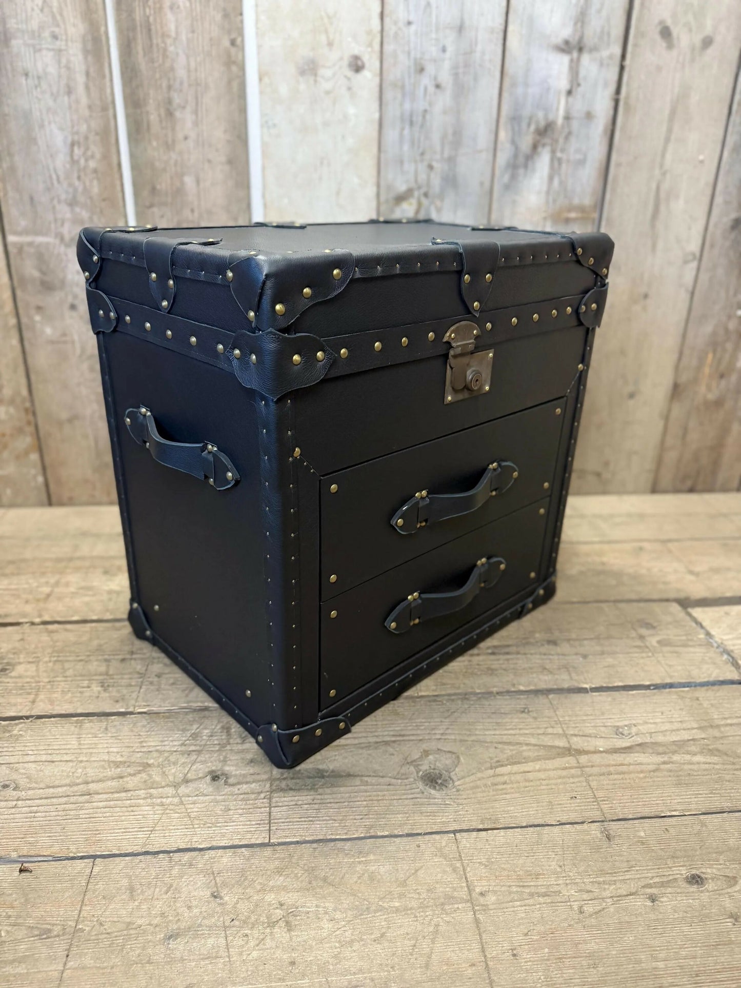 Leather 2 Draw Accent Blue Vintage Storage Trunk End Table