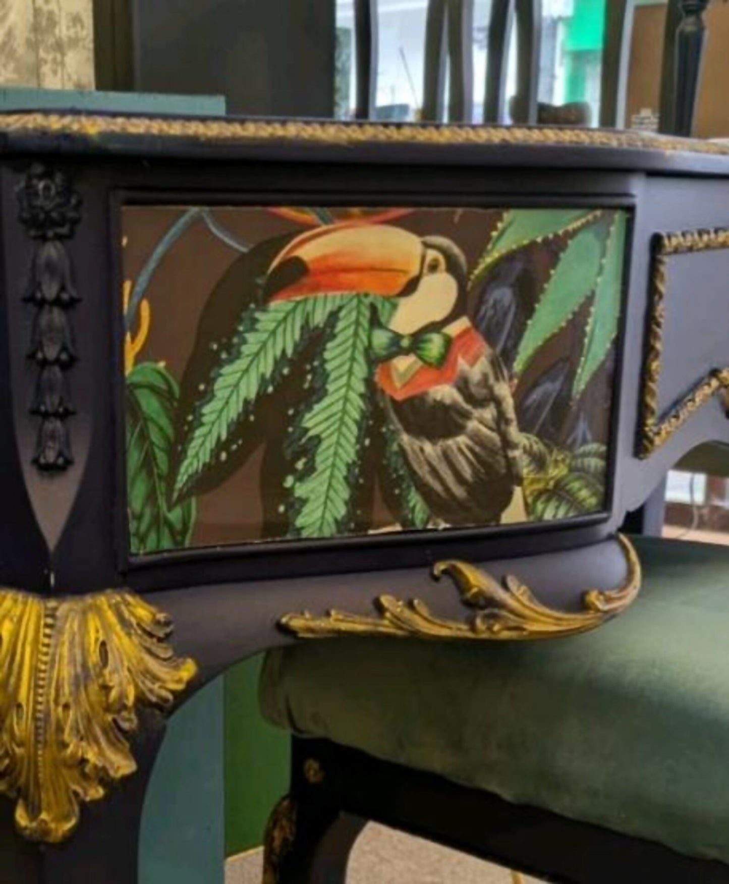 Vintage French Dressing Table, Desk Bedroom Office. Painted Furniture. Upcycled Navy Blue Gold Tropical Bird Commission Piece
