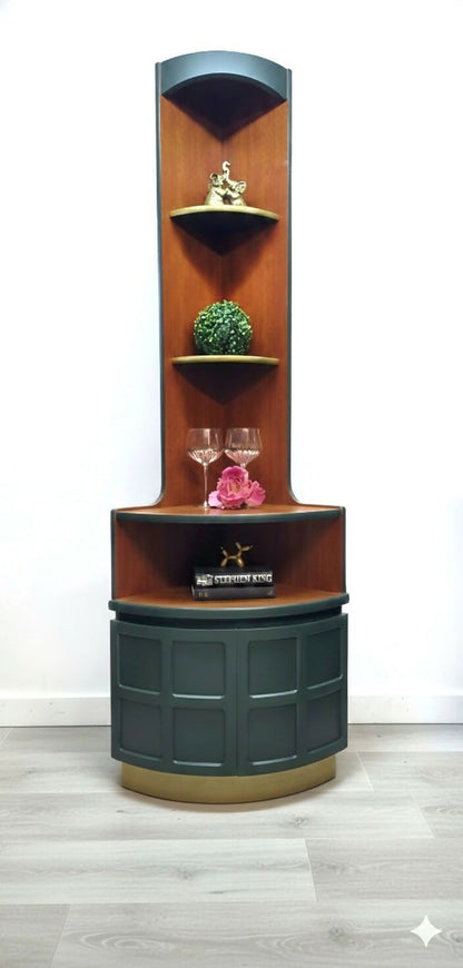 Mid century modern nathan corner unit,drinks cabinet in green and gold
