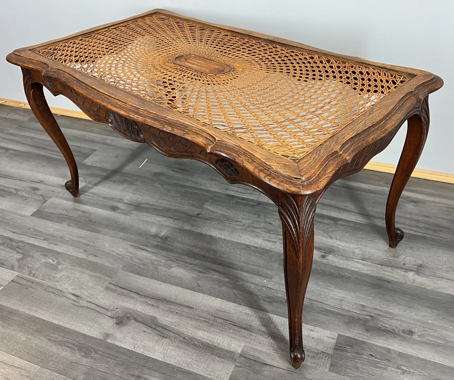 Coffee Table Vintage French Louis XV Cane Top Oak Carved Table LOT 3861