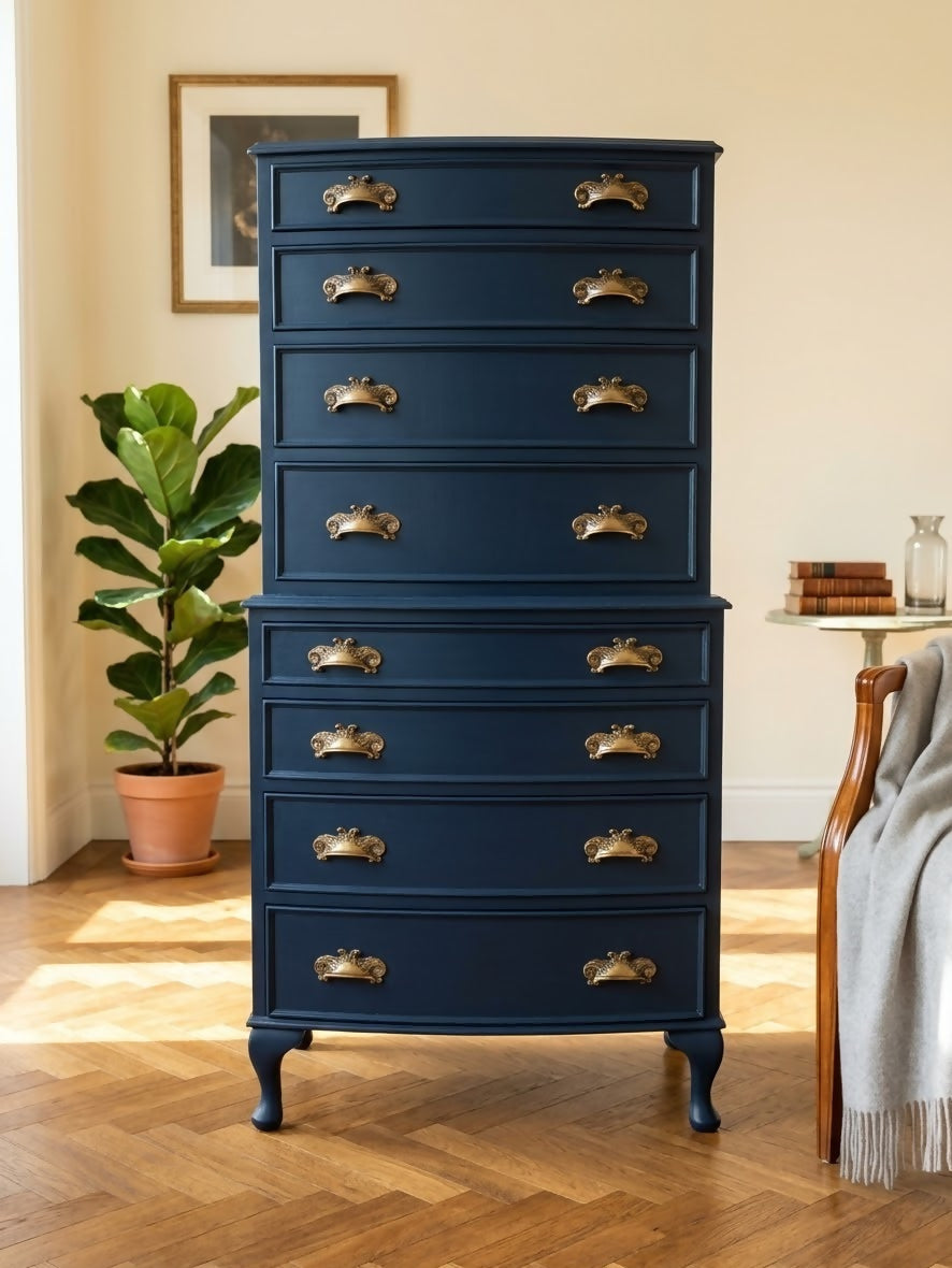 Vintage art deco Navy blue tallboy chest of drawers