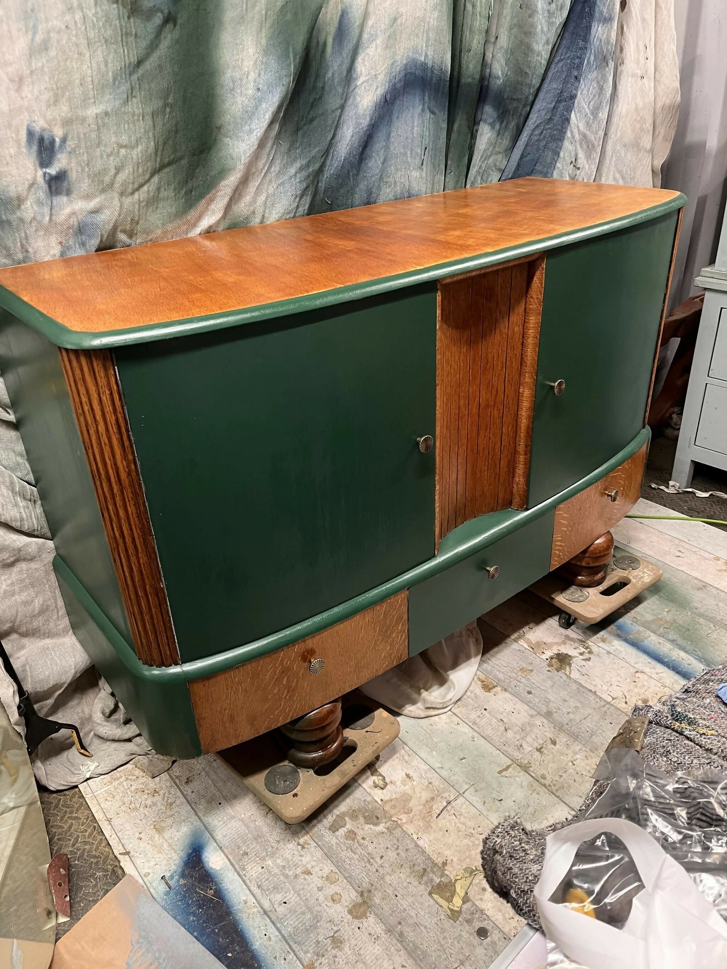 Mid century modern revived sideboard in forest green and oak