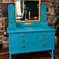 Statement Teal Vintage Dressing Table with Mirror & Mother of Pearl Detail
