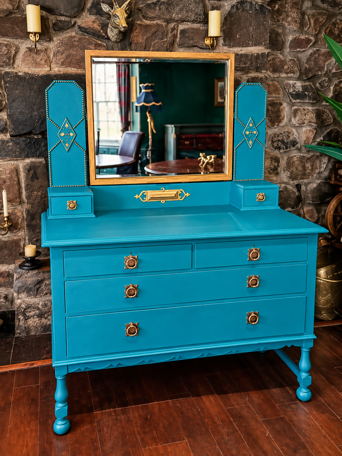 Statement Teal Vintage Dressing Table with Mirror & Mother of Pearl Detail