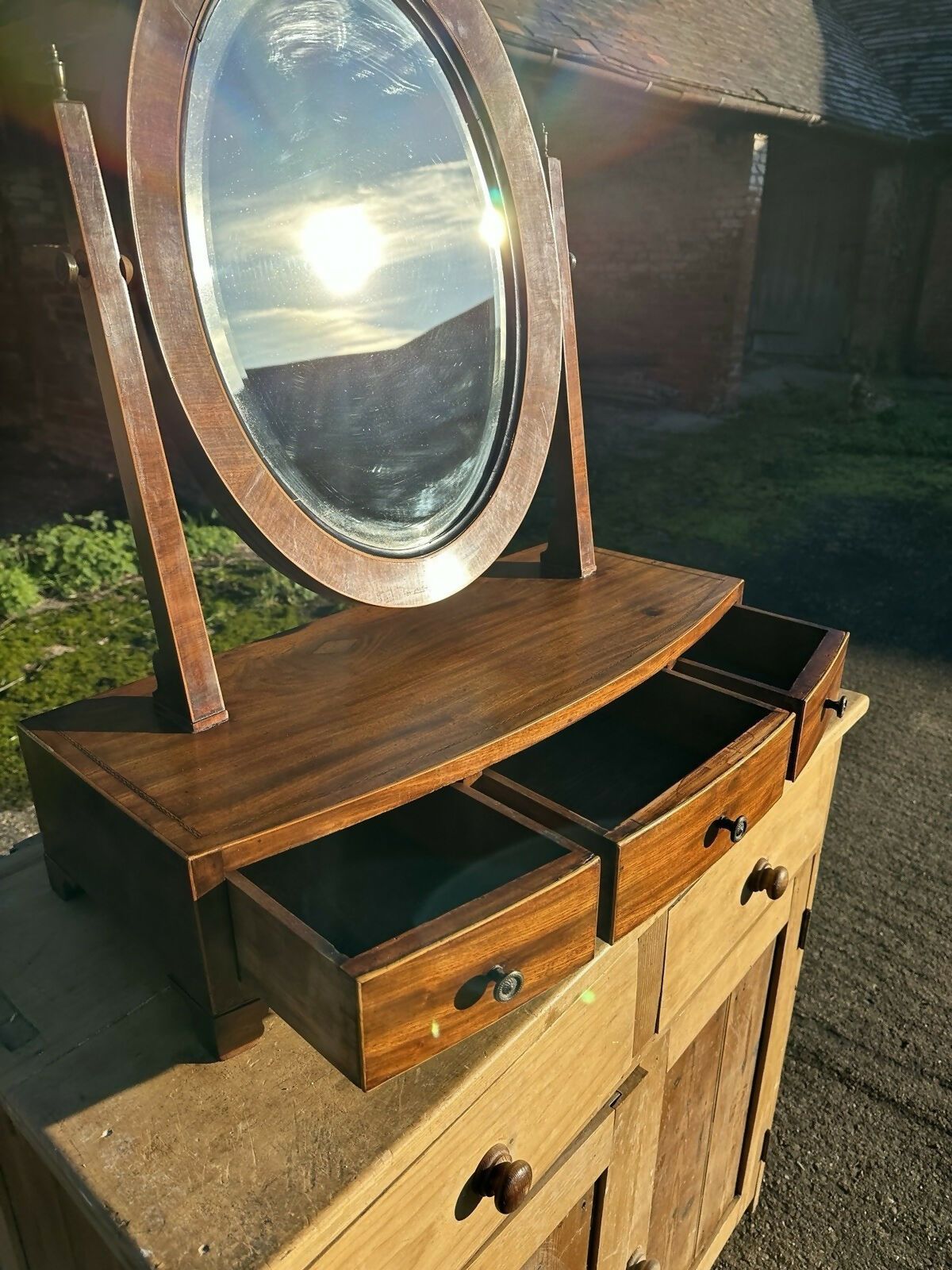 Antique Georgian Large Mahogany Tilting Oval Vanity Dressing Table Mirror