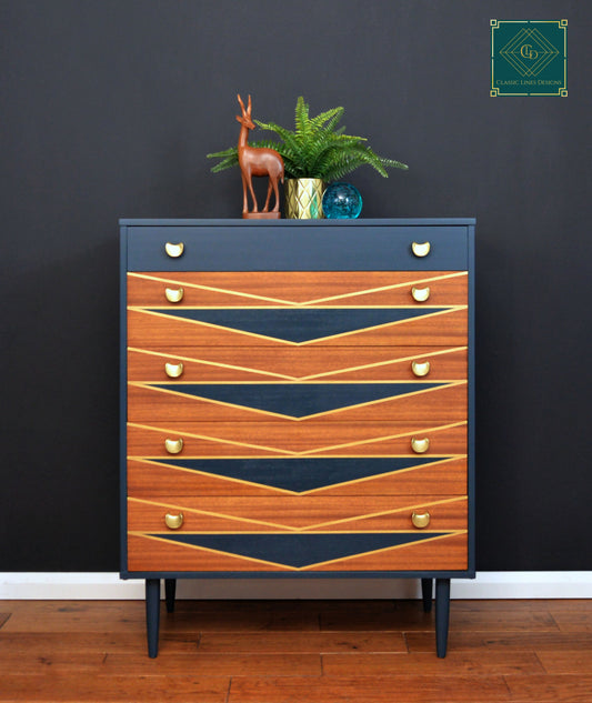 Mid Century Drawers, Teak Chest of Drawer, Blue and Gold.