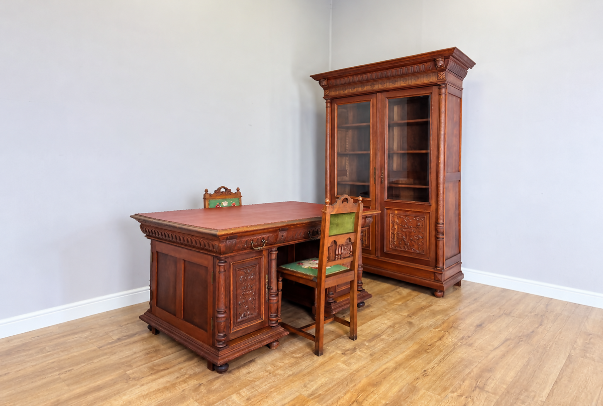 Desk Antique French Style Oak Double Sided Carved Pedestal Desk LOT 6514