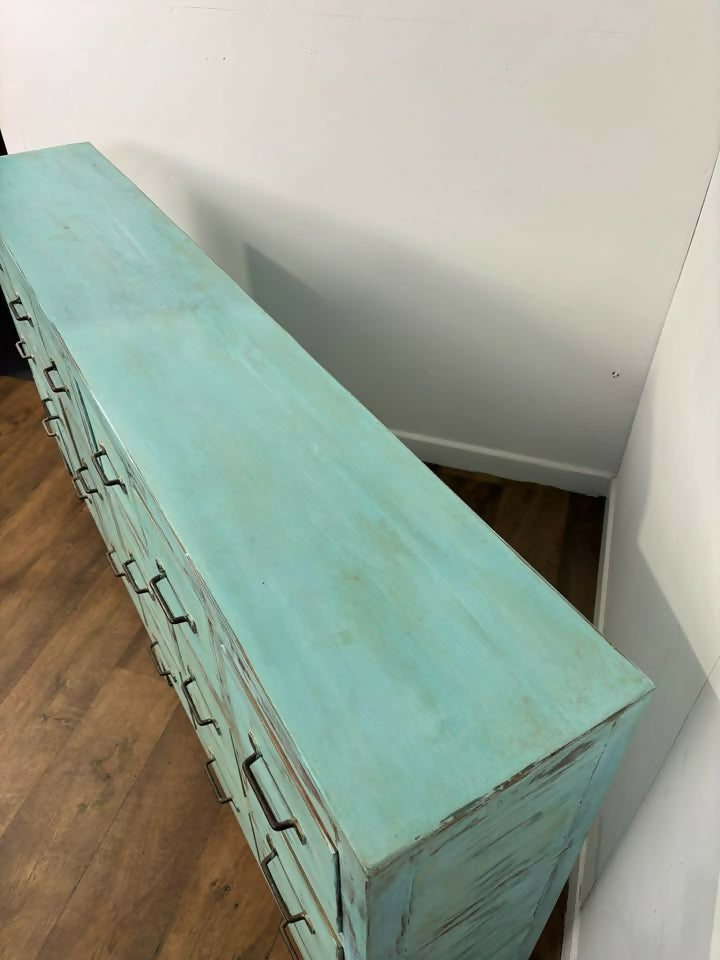 Vintage Indian Reclaimed Rustic Sideboard With 18 Drawers - In Duck Egg Blue