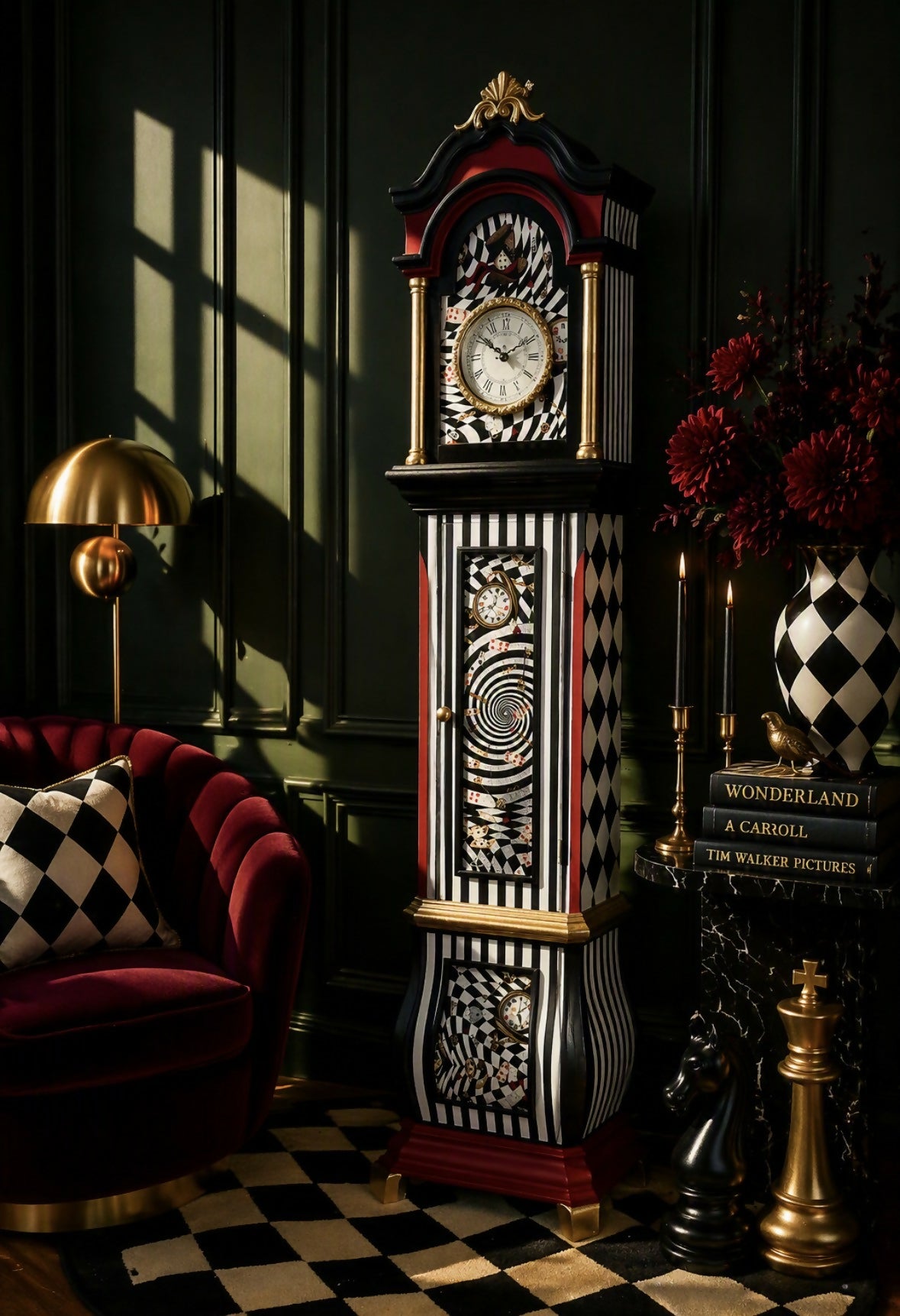 Wonderland Inspired Grandfather Clock | Whimsical Harlequin Floor | Maximalist Home Accent