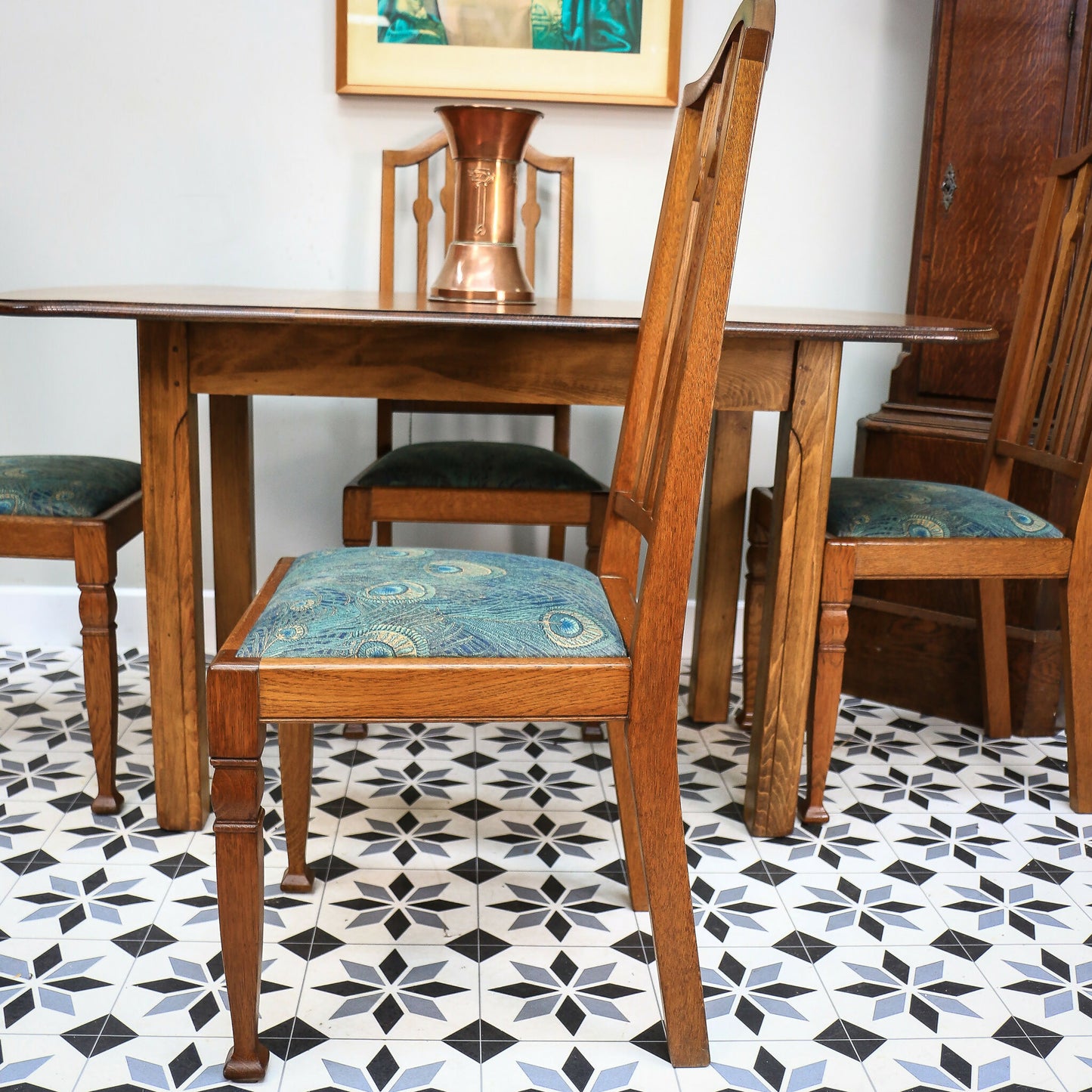 Arts and Crafts Dining Table and Liberty Chairs in Solid Oak with Liberty Fabric