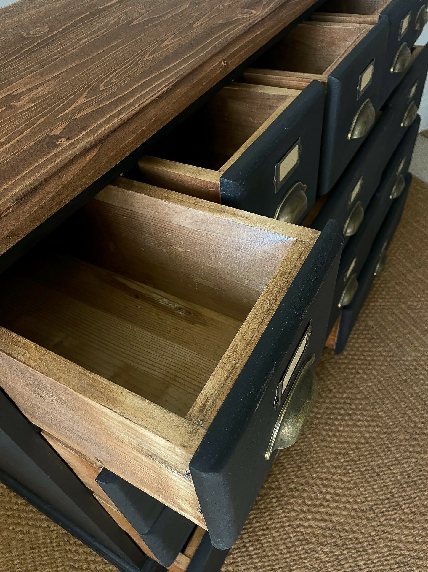 4ft Apothecary haberdashery "style" merchant bank chest of drawers sideboard Solid pine ebonized black x13 drawers