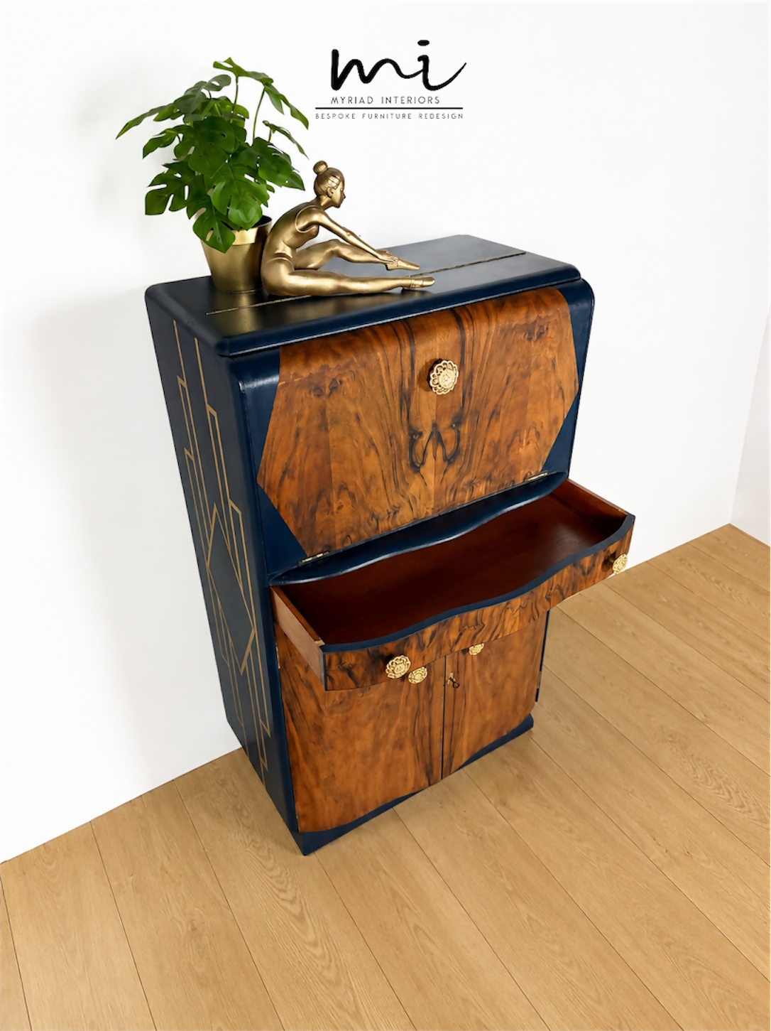 Navy Blue And Gold Art Deco Burl Walnut Cocktail Cabinet, Drinks Cabinet