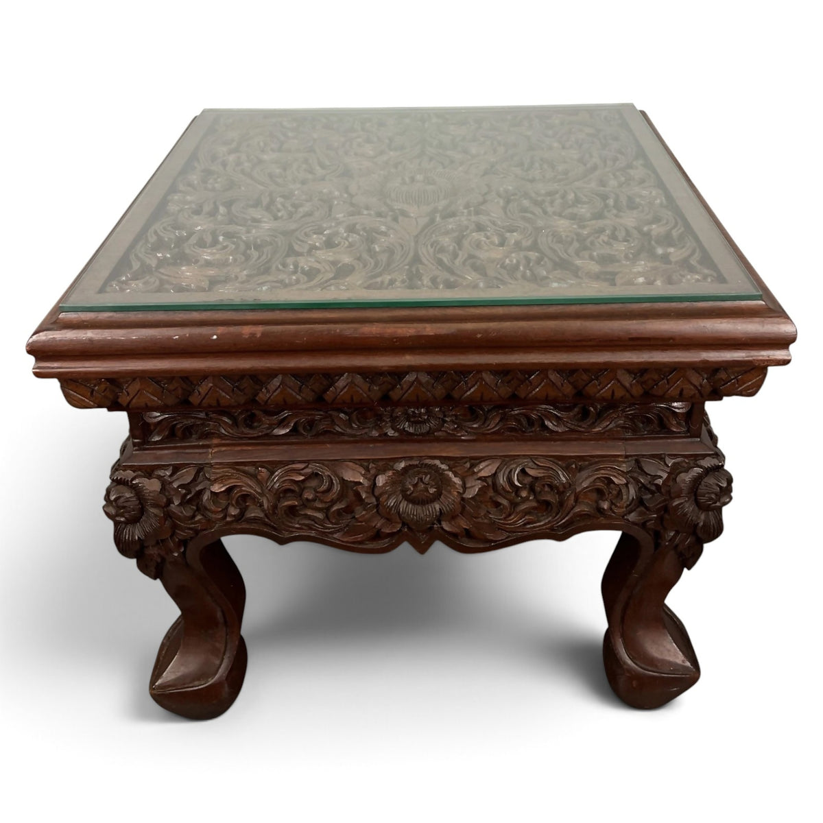 Plant Stand Chinese Mahogany Hand Carved Design Glass Top Coffee Table LOT 24327