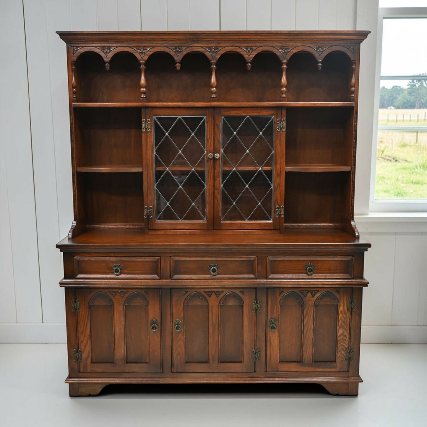 Old Charm Oak Gothic Dresser In Tudor Brown Sideboard Display FREE UK Delivery
