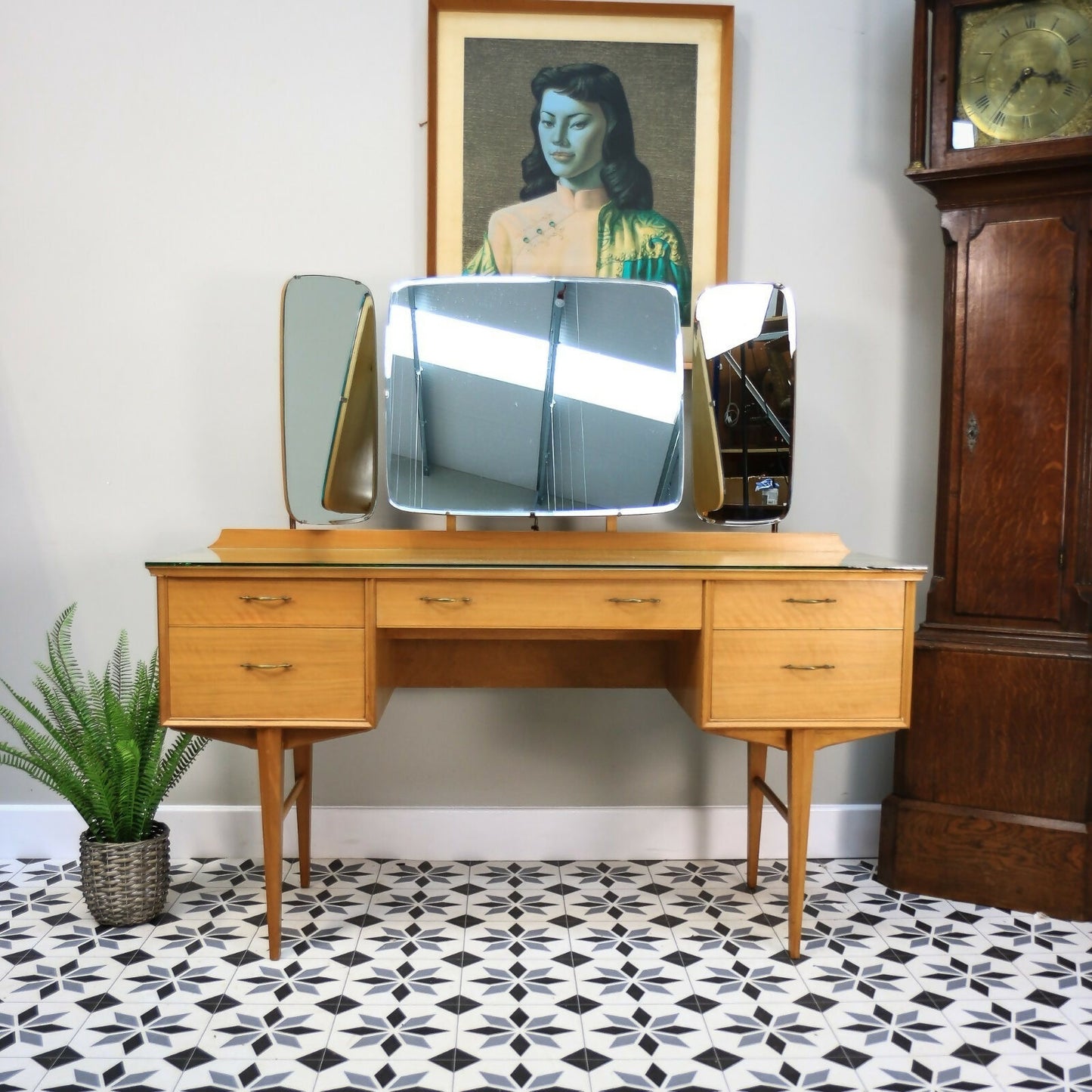 Alfred Cox Dressing Table in Walnut for Heals with Triple Mirror and Glass Top.
