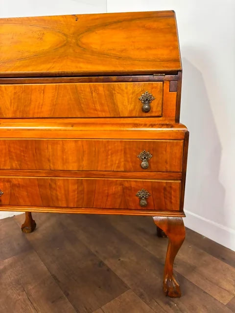 Vintage Walnut Veneer Waterfall Bureau on Claw & Ball Feet