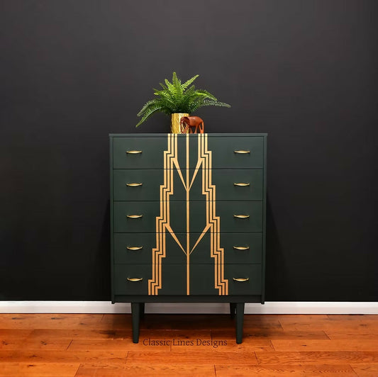 Mid Century modern Drawers,Green and Gold Chest of Drawers.