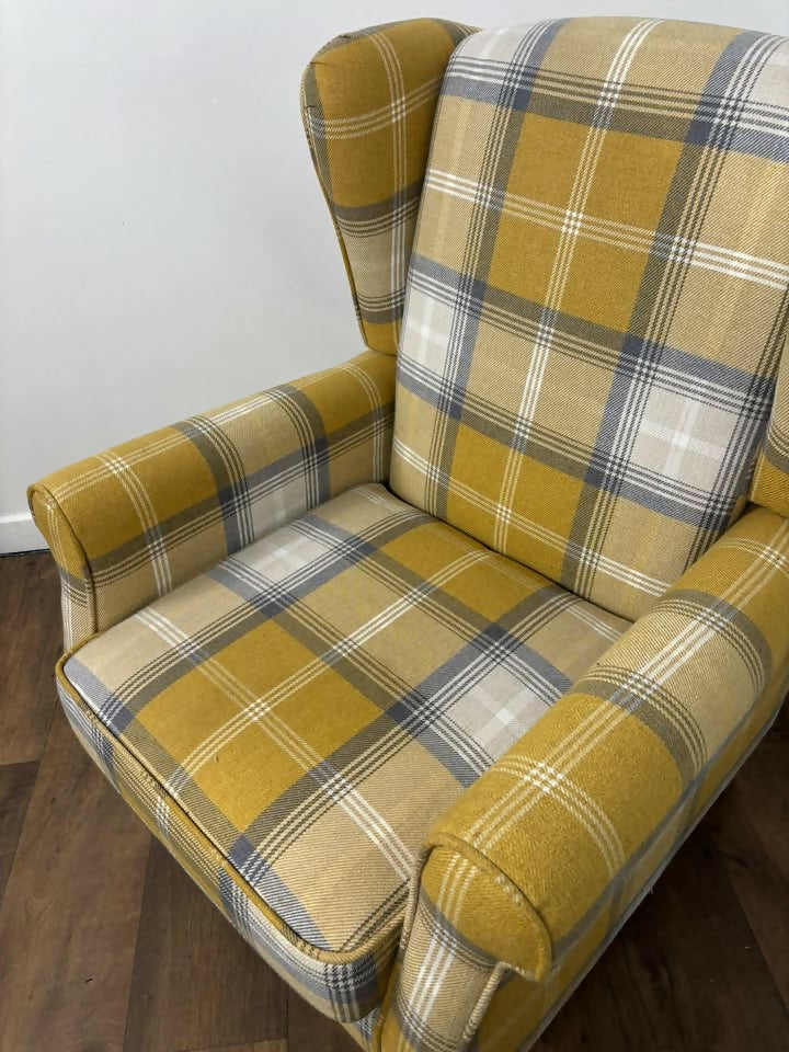 Modern Tartan Fireside Armchair – Upholstered Accent Chair in Mustard, Blue & White