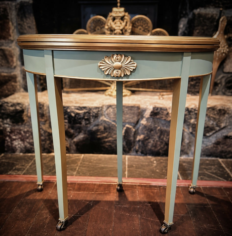 Georgian Demi-Lune Games/Card Table in Sage Green & Gold - Regency Style