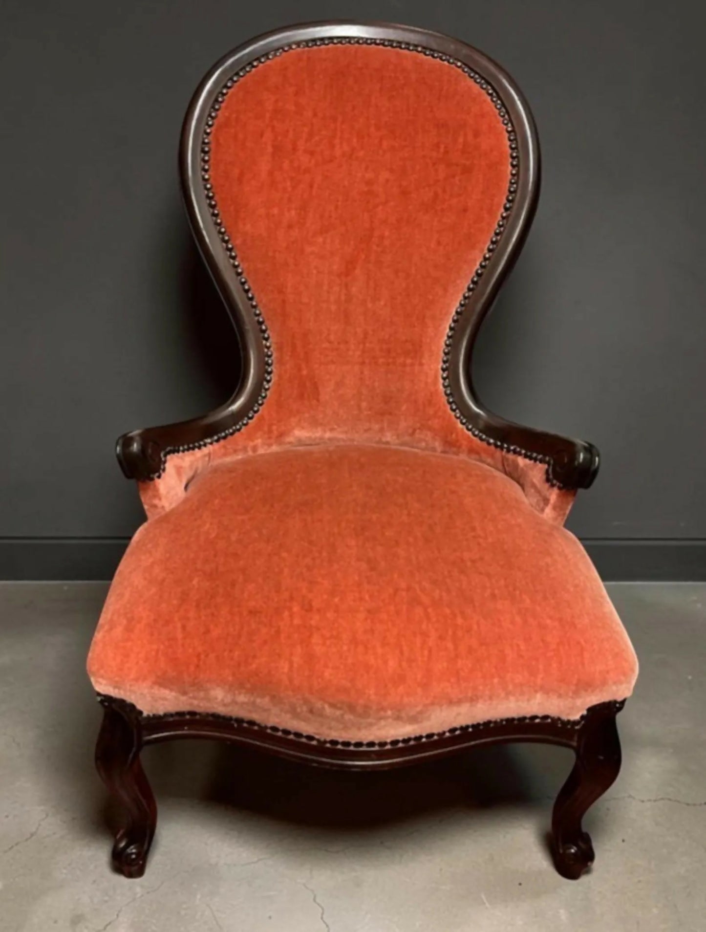 Antique Victorian Slipper Chair, Mahogany Frame, Rust Upholstery, Nursing Accent Furniture