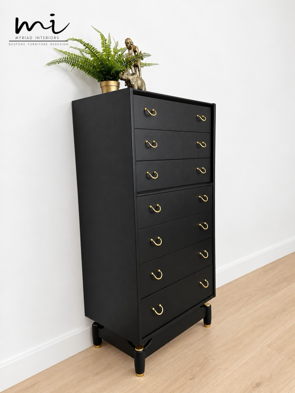 Refurbished Matte Black G Plan E Gomme tallboy chest of drawers, dresser, bedroom furniture, sideboard, brass, mid century modern, Vintage