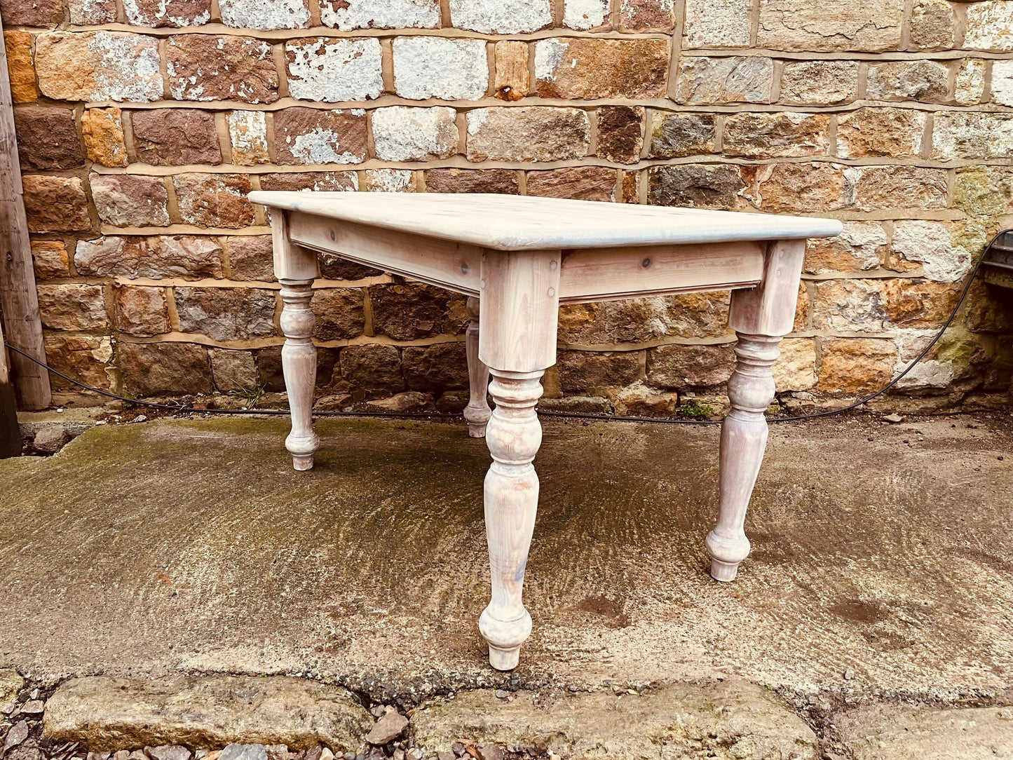 Stripped Pine Farmhouse Dining Table | Solid Wood Country Kitchen Table | Turned Legs Rustic Cottage Table