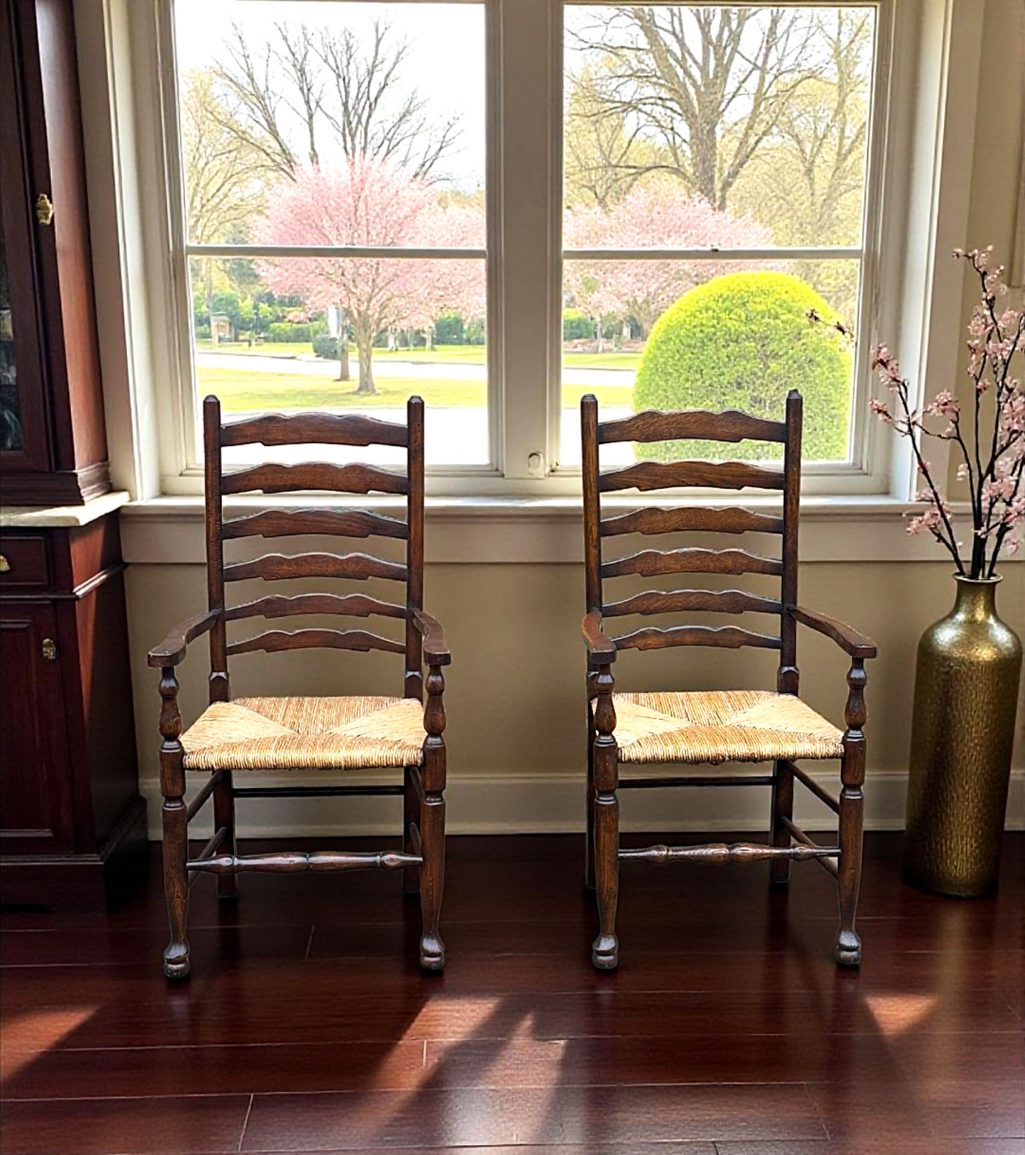 Pair of Oak Ladder Back Rush Seated Armchairs