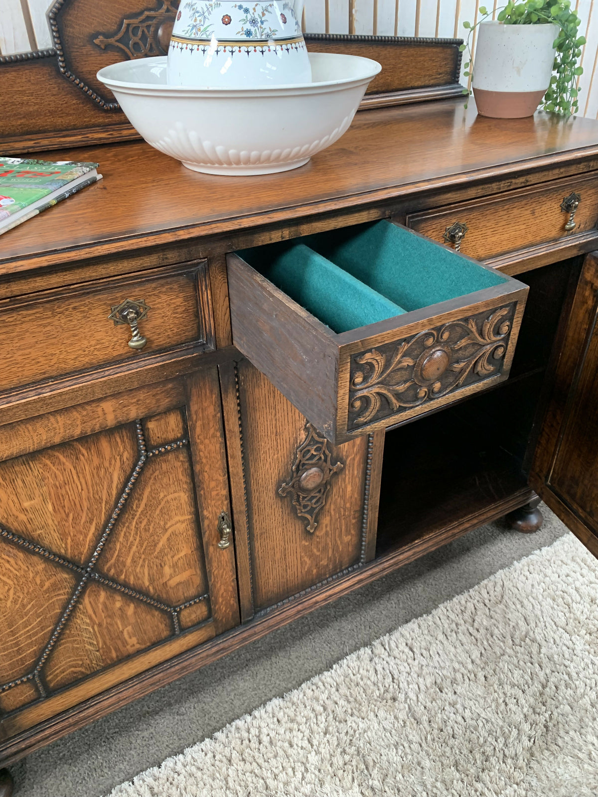 Antique 1920s Jacobean Revival Carved Oak Sideboard Geometric Buffet Cabinet