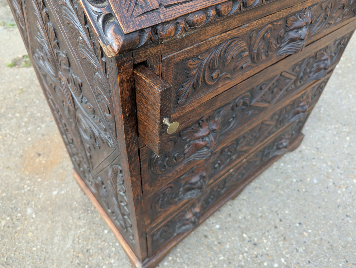 Antique Victorian tudor oak hand carved green man bureau dest chest drawers in