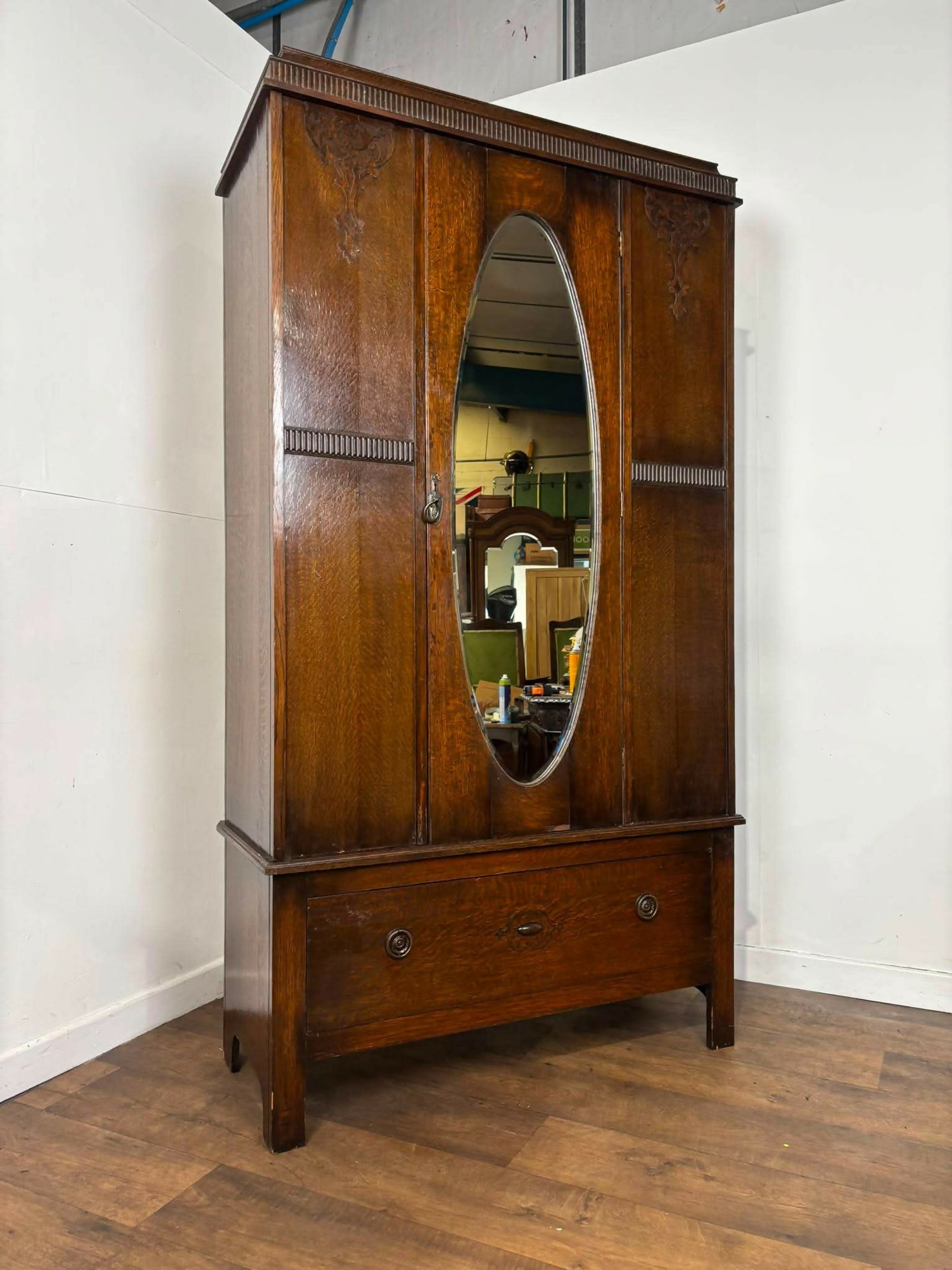 Vintage Oak Mirror Door Wardrobe