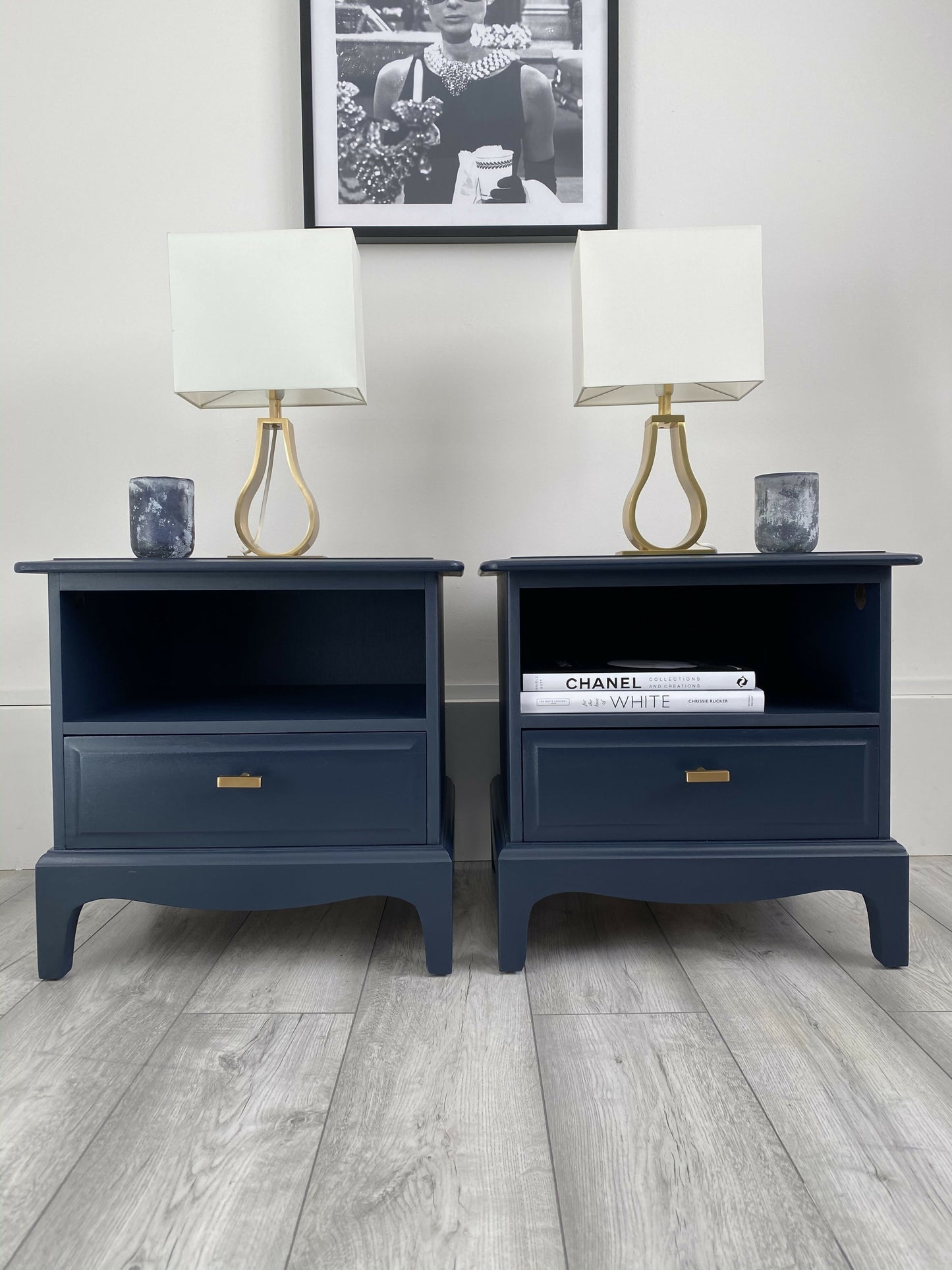 Stag Minstrel, Pair Of Bedside Tables Cabinets, Side Tables, Classic, Handmade, Vintage! Bespoke Orders Available.Painted In Fusion Mineral Navy Blue.