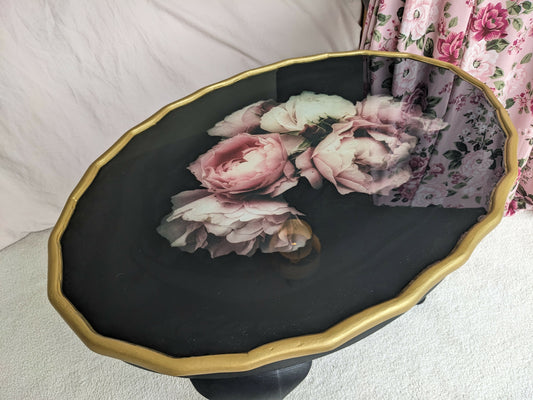 Gold and black floral roses vintage table, with resin top, upcycled, hand painted